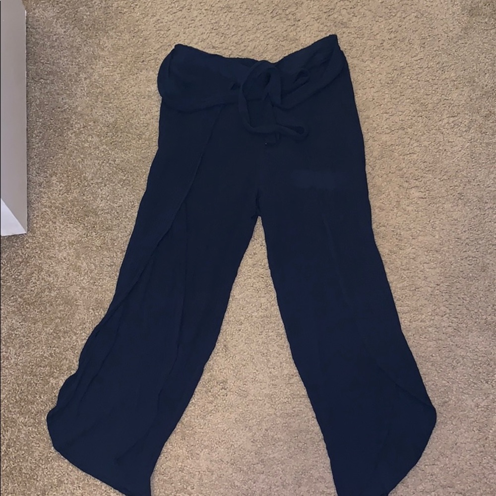 Navy blue flowy high slit pants